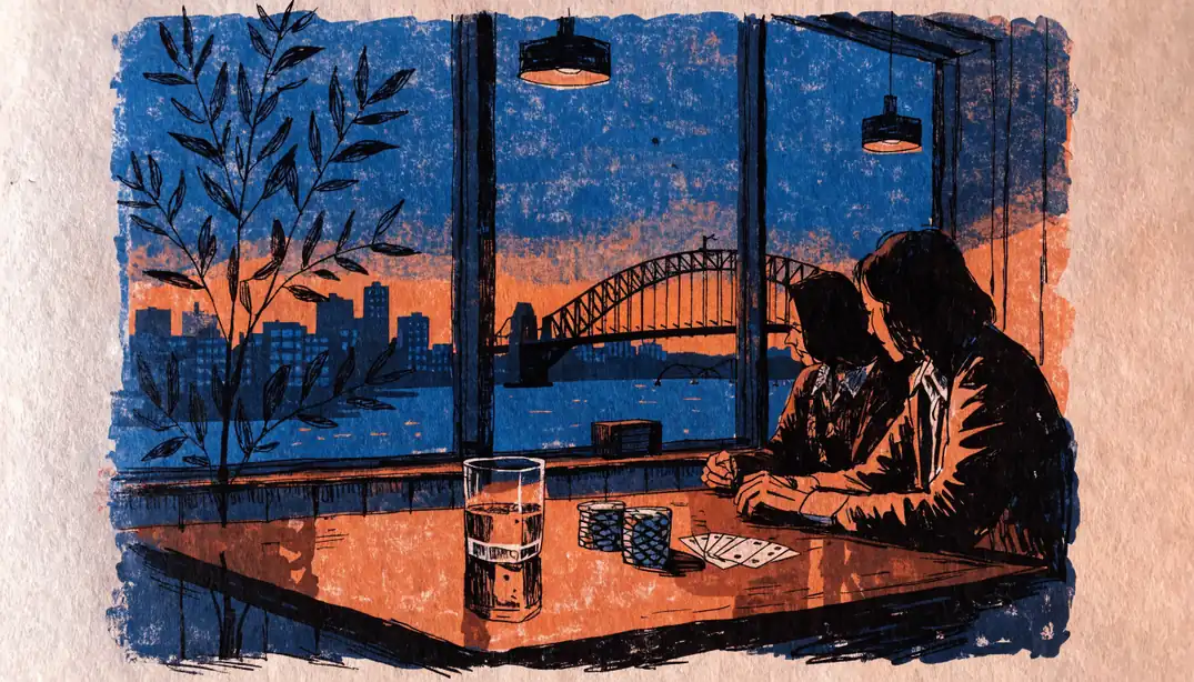 Sydney dusk lounge with poker chips, cards, and Harbour Bridge view through window.