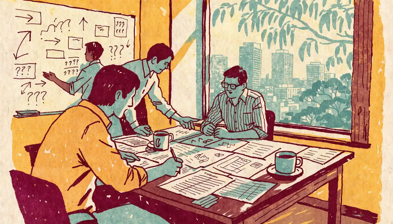 Australian analysts reviewing regulatory documents in a sunlit office with city views