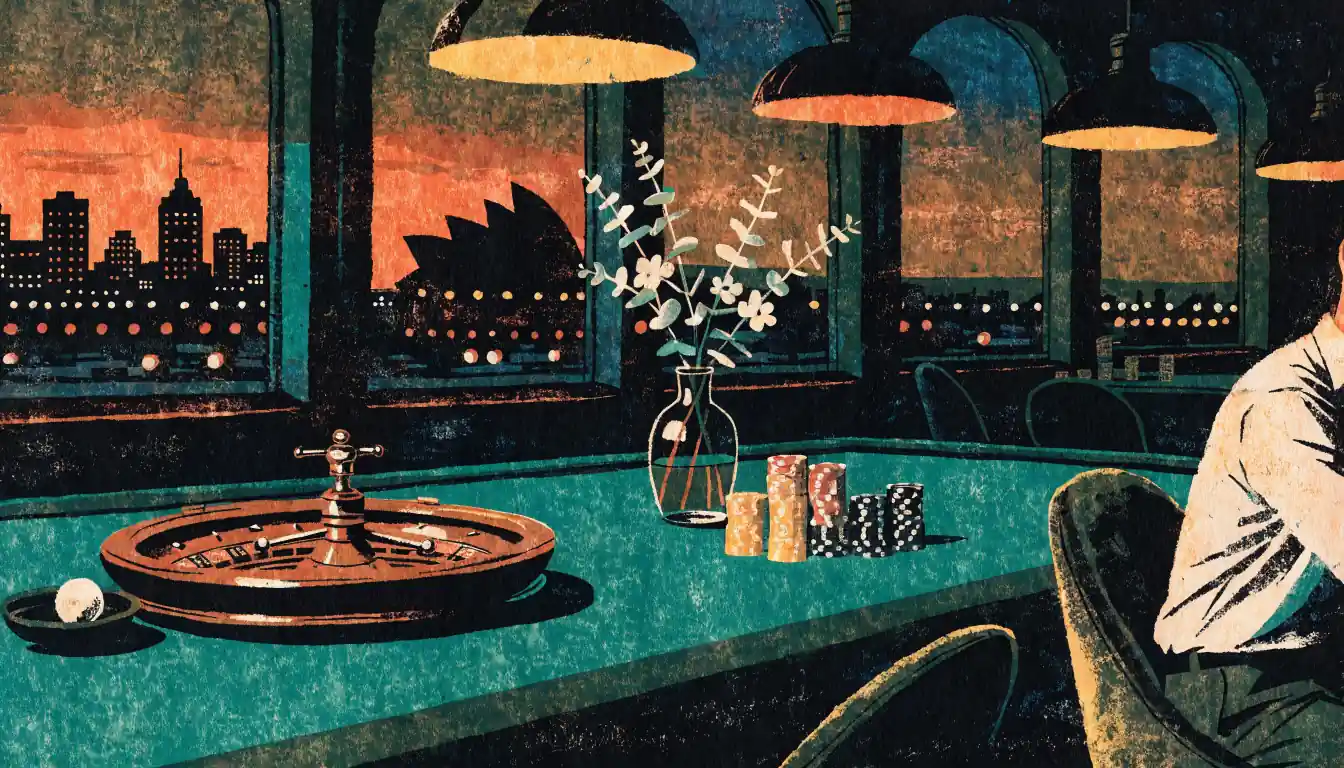 Elegant Australian casino interior with green felt table, chips, roulette wheel and Sydney skyline at dusk