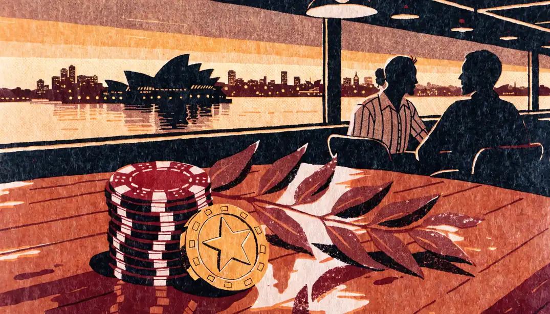 Casino chips and a gold bonus coin on a table with Sydney harbor view through a window