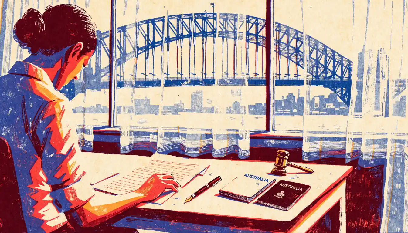 Office desk with Australian and foreign passports and a brass gavel by a harbour window