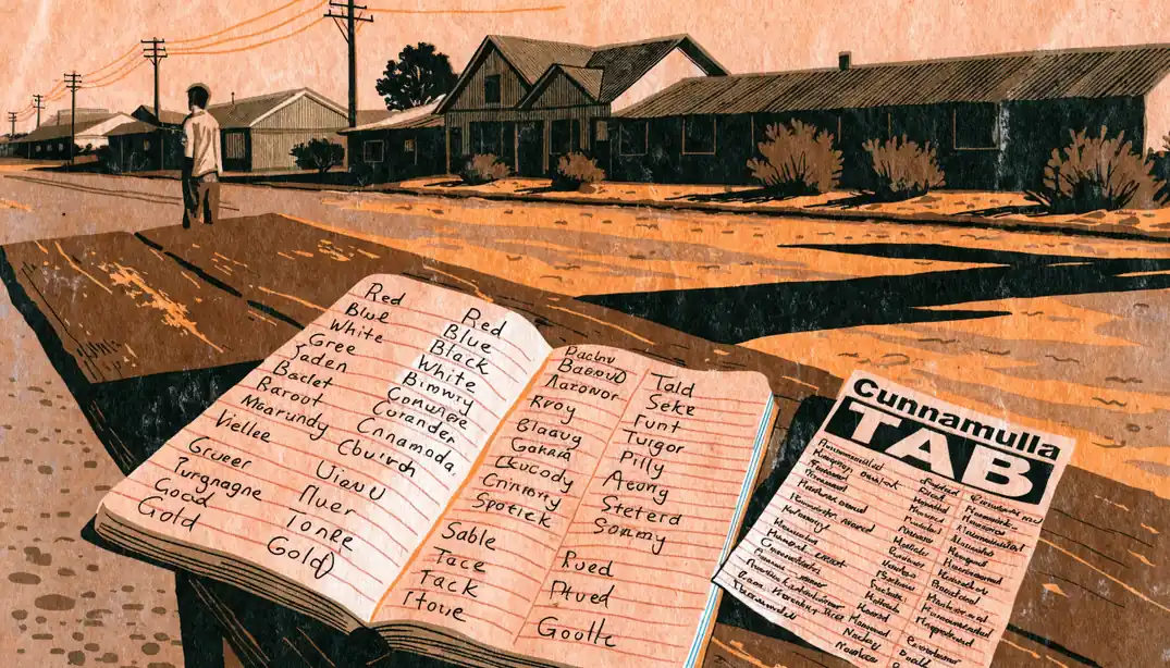 Open punter's notebook with circled horse names beside a TAB betting slip on a timber bench