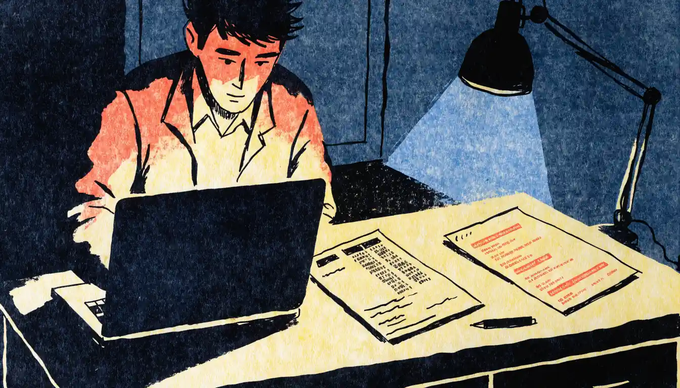 Young man at a dim home desk staring at a turned-away laptop with scattered bank paperwork