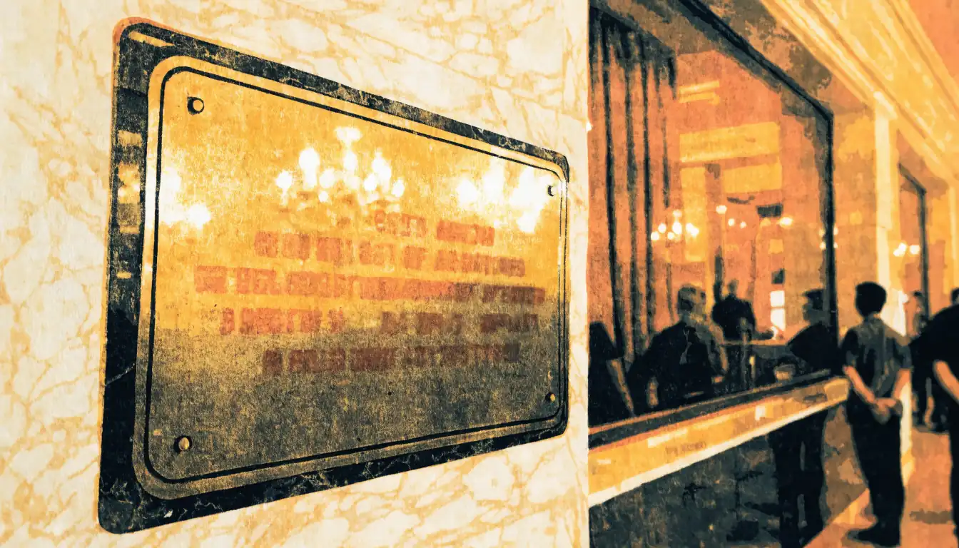 Unreadable brass licence plaque mounted askew beside a closed booth in a hotel lobby