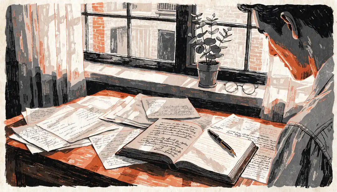 Wooden desk with legal notebook, pen, glasses, and eucalyptus plant by a sunlit window.