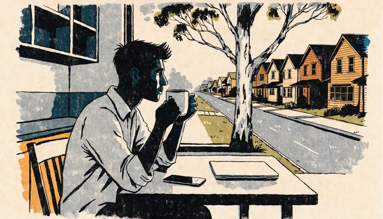 Australian man taking a break from screens at a sunlit kitchen table