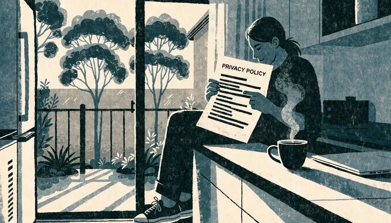 Person reading a privacy policy document at a sunlit Australian kitchen bench with closed laptop.