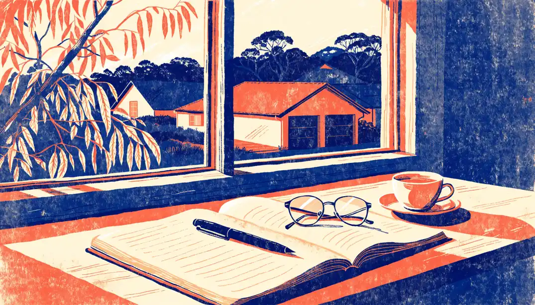 Australian home office desk with open notebook, reading glasses, and tea by a sunlit window.